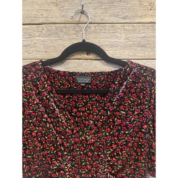 Topshop Women's Black Velvet Floral Dress US Size 4 V Neck Short Sleeve - Picture 3 of 8